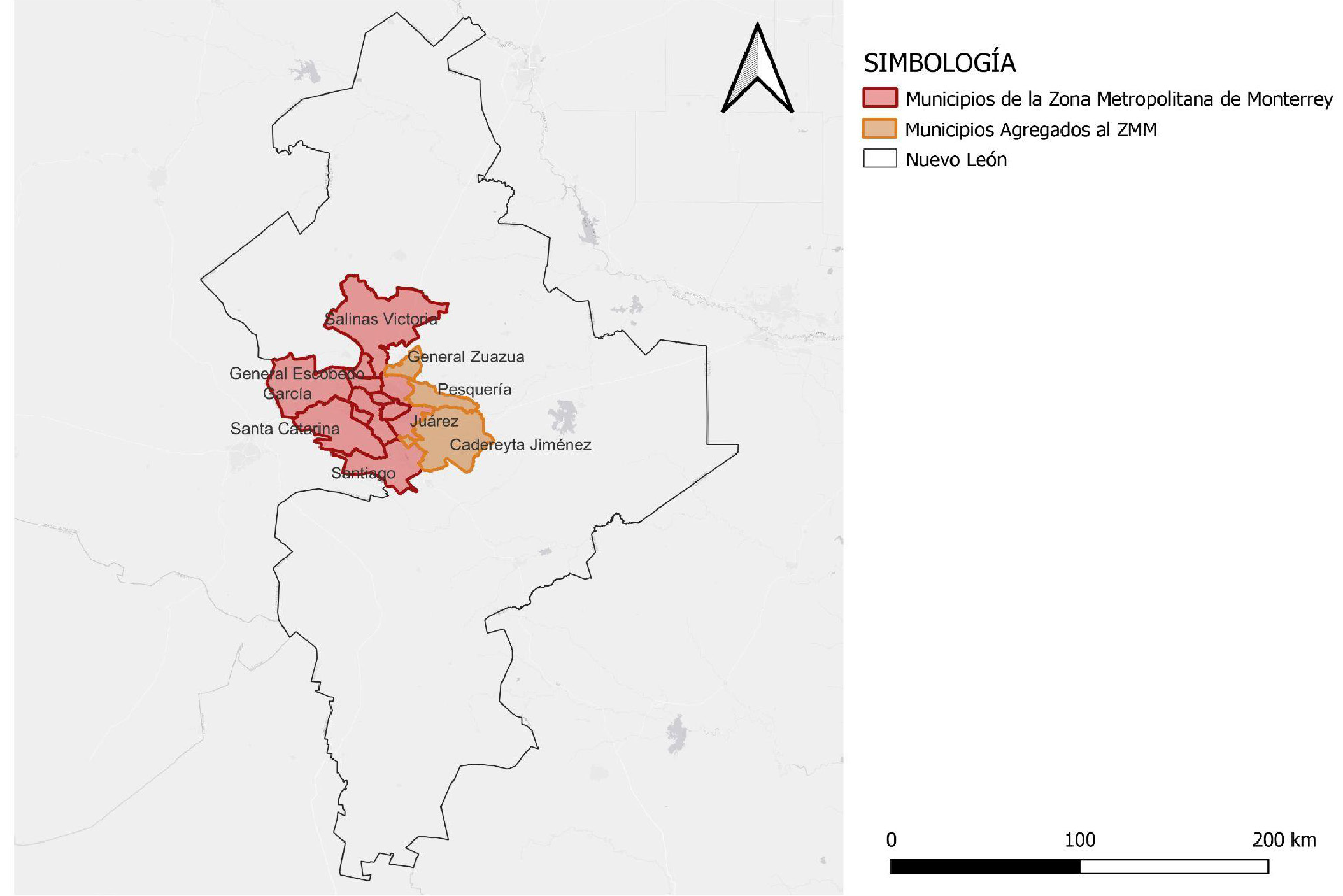 Ubicaci&oacute;n
de los municipios de la Zona Metropolitana de Monterrey ZMM y municipios
agregados a la ZMM dentro del Estado de Nuevo Le&oacute;n