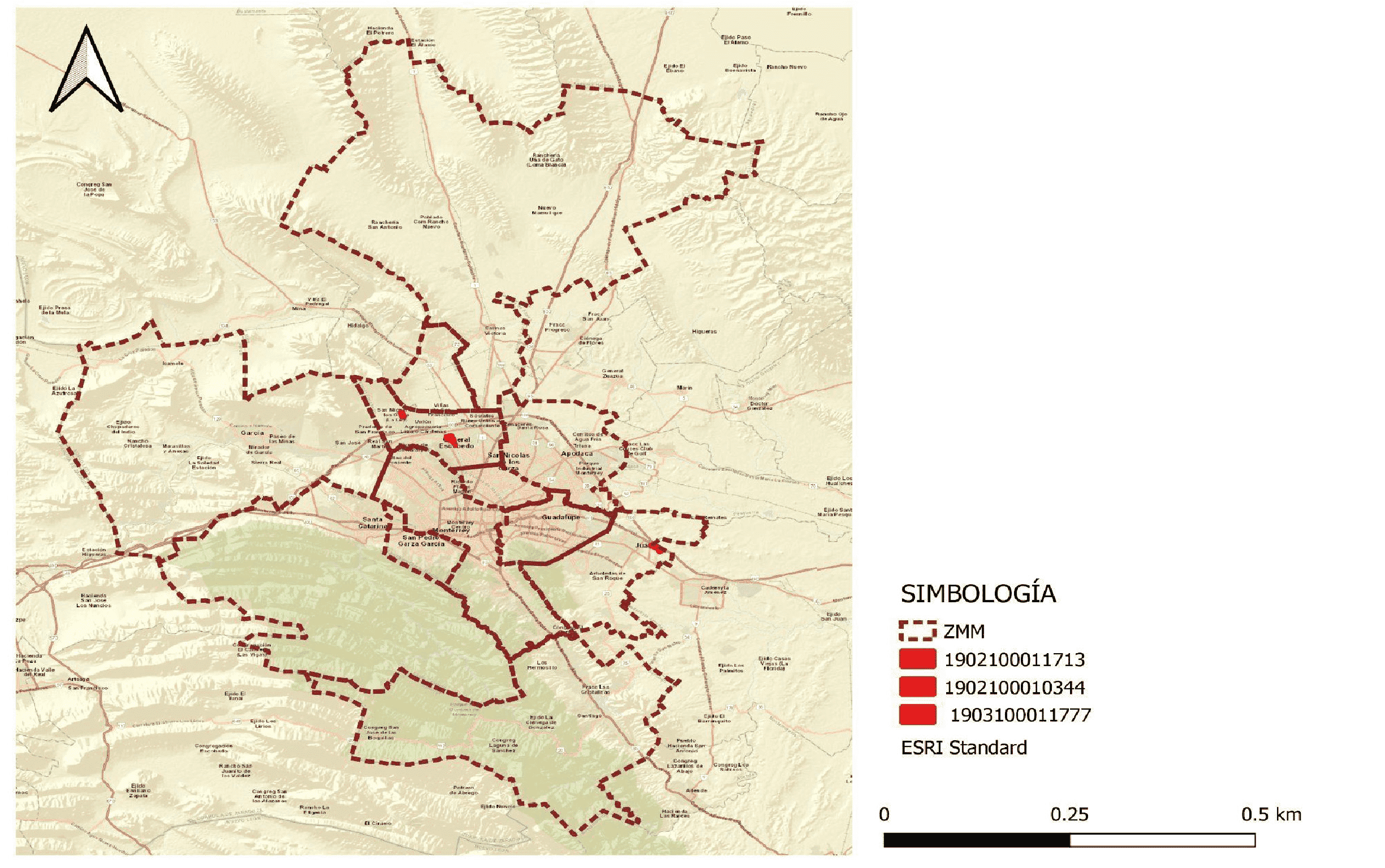 Ubicaci&oacute;n
de los tres AGEB que concentran la mayor cantidad de poblaci&oacute;n infantil de la
ZMM. Elaboraci&oacute;n propia, con datos del Censo de Poblaci&oacute;n y Vivienda 2020 (INEGI, 2020).

 