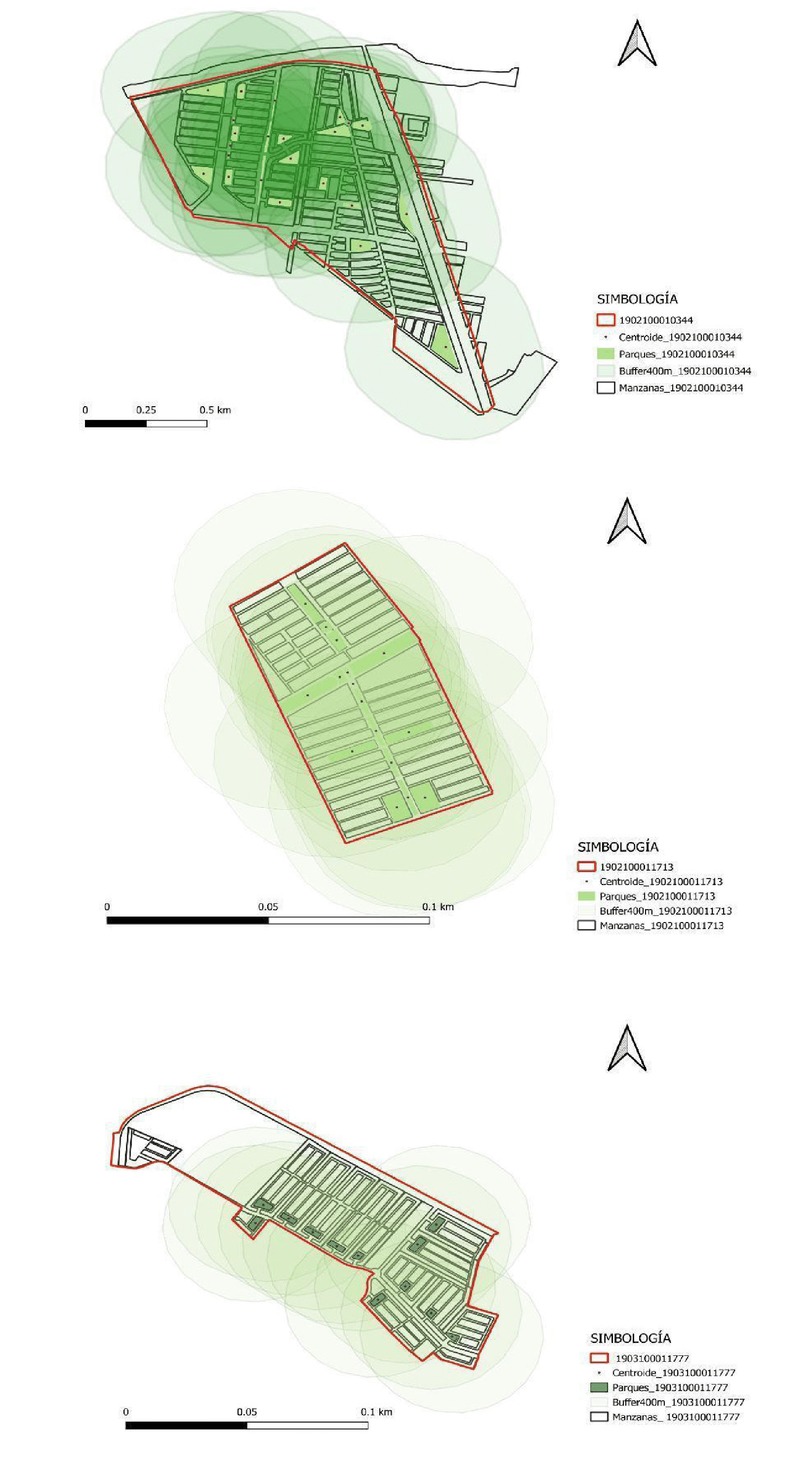 &Aacute;reas
verdes EP ubicadas al interior de los tres AGEB donde se muestra una zona de
buffer de un radio de 400 metros alrededor de cada parque