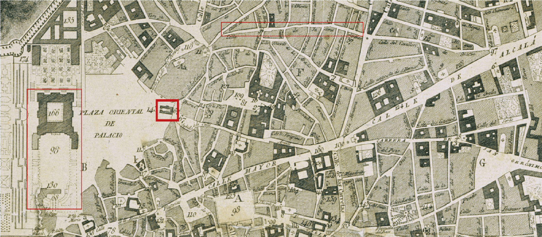 Plano
del centro de Madrid (detalle del plano de Madrid de Lezcano y Salvador, 1812)