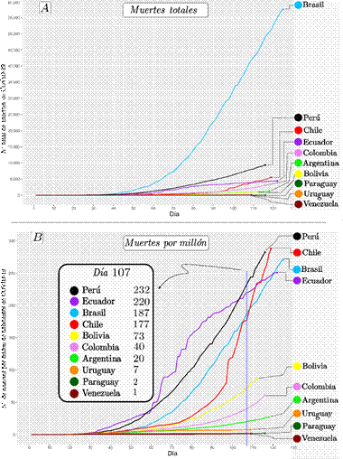 Grafícas a escala lineal (A) Número
total de personas fallecidas vs días de contagio. (B) Número de personas
fallecidas por millón de habitantes vs días de contagio. Corte en el día 107 donde se
desglosa la cantidad de muertes para cada país en ese día.